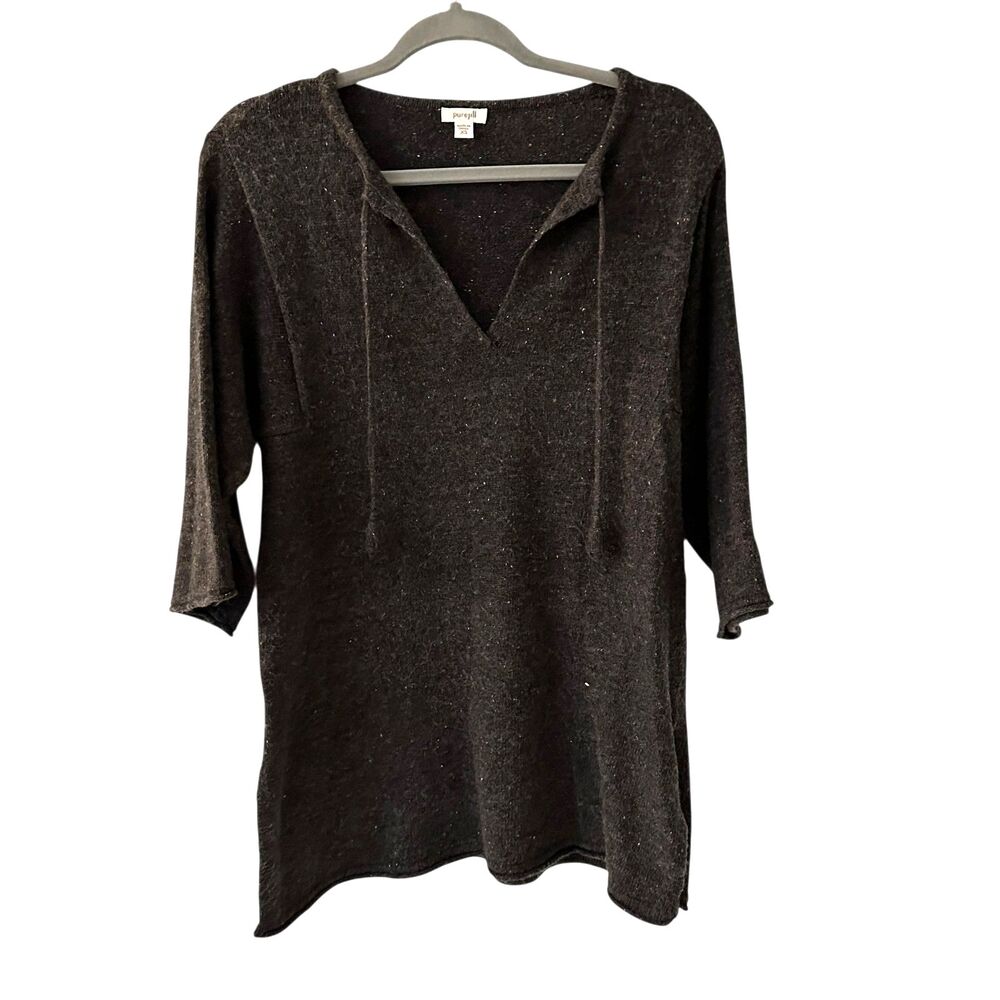 Pure Jill Dark Grey Speckled‎ V-Neck Tassle Tunic Wool Blend Sweater Size XS